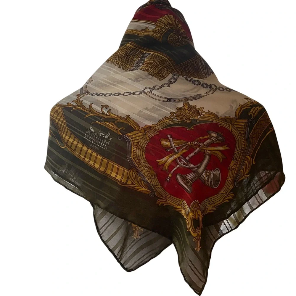 Equestrian Poste et Cavalerie Silk Poly Scarf Olive Green Red Gold‎ 34